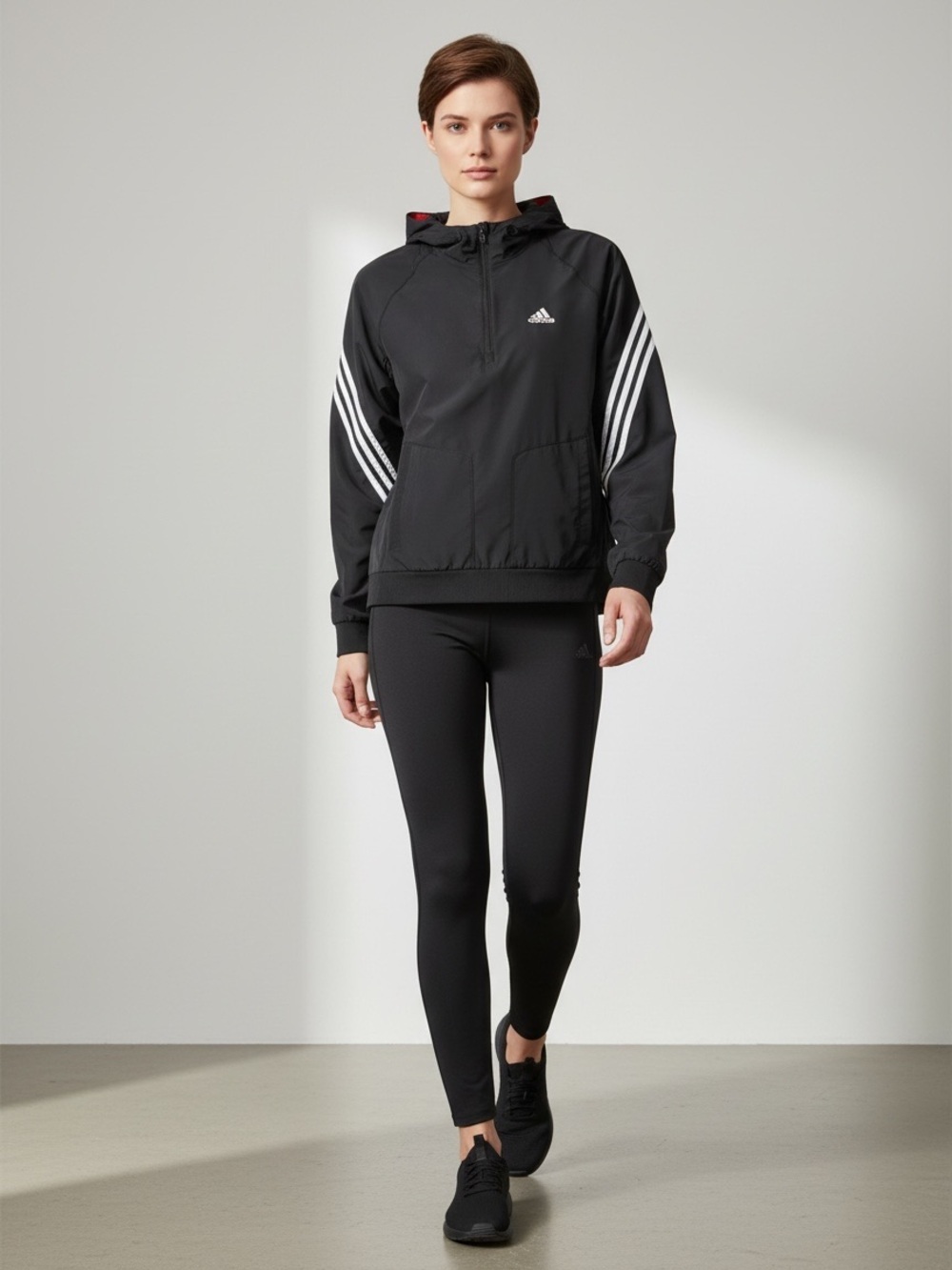 Adidas Black White Windbreaker Running Jacket Gym Active Hood 1/4 Zip Small